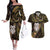 New Zealand Aotearoa Couples Matching Off The Shoulder Long Sleeve Dress and Hawaiian Shirt Maori Wheku Paua Shell Glitter Gold