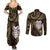 New Zealand Aotearoa Couples Matching Summer Maxi Dress and Long Sleeve Button Shirt Maori Wheku Paua Shell Glitter Gold