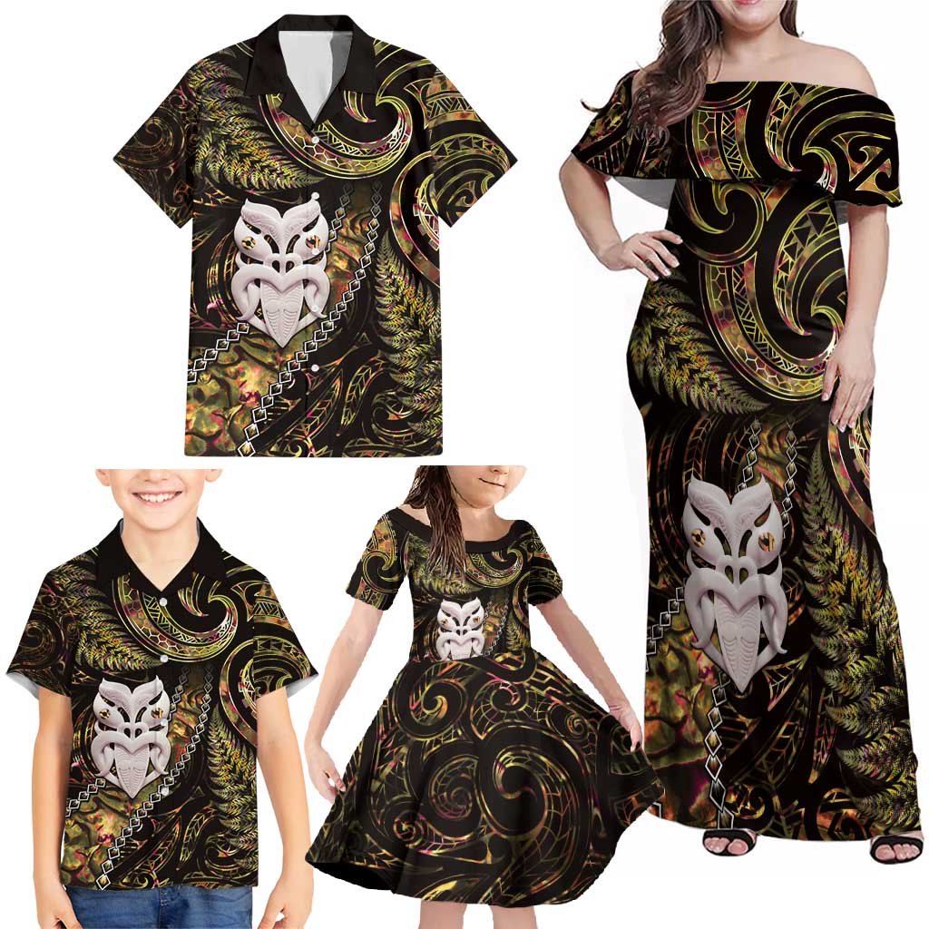 New Zealand Aotearoa Family Matching Off Shoulder Maxi Dress and Hawaiian Shirt Maori Wheku Paua Shell Glitter Gold