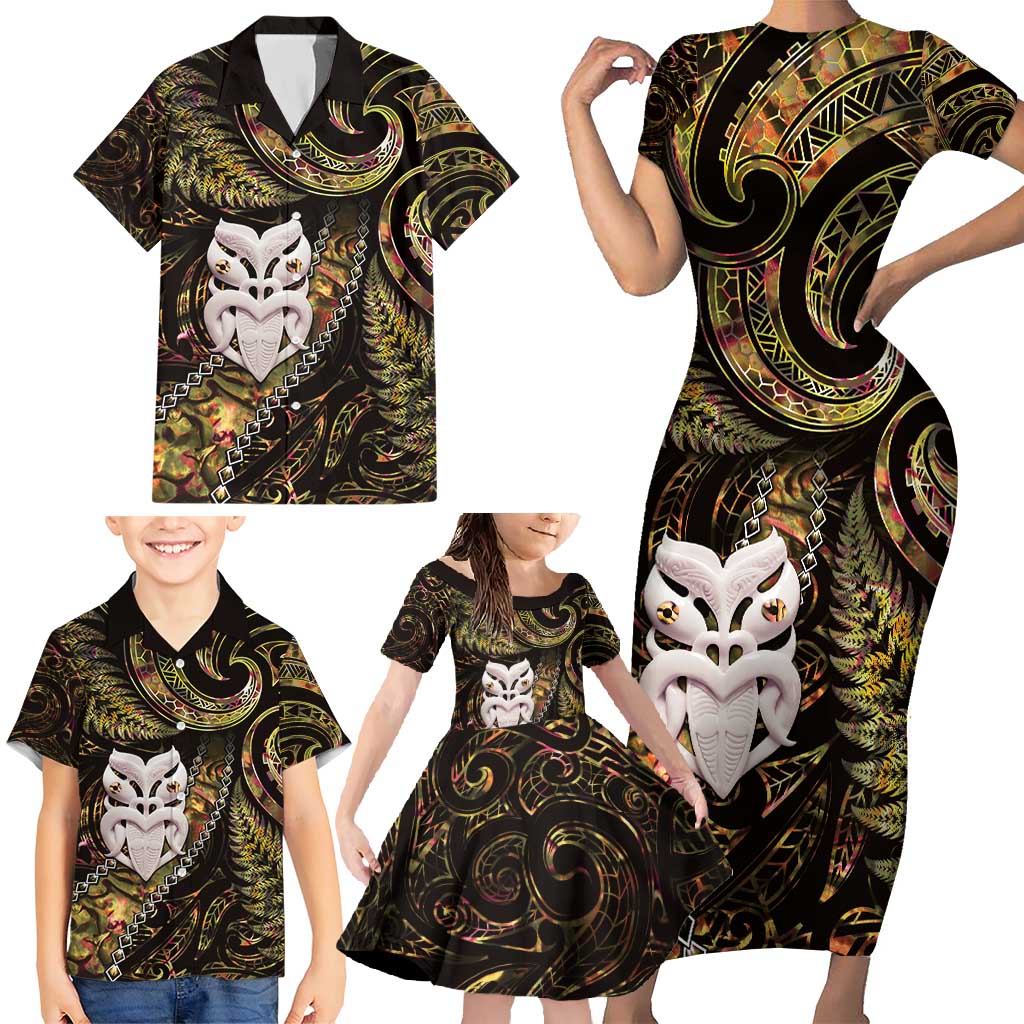 New Zealand Aotearoa Family Matching Short Sleeve Bodycon Dress and Hawaiian Shirt Maori Wheku Paua Shell Glitter Gold