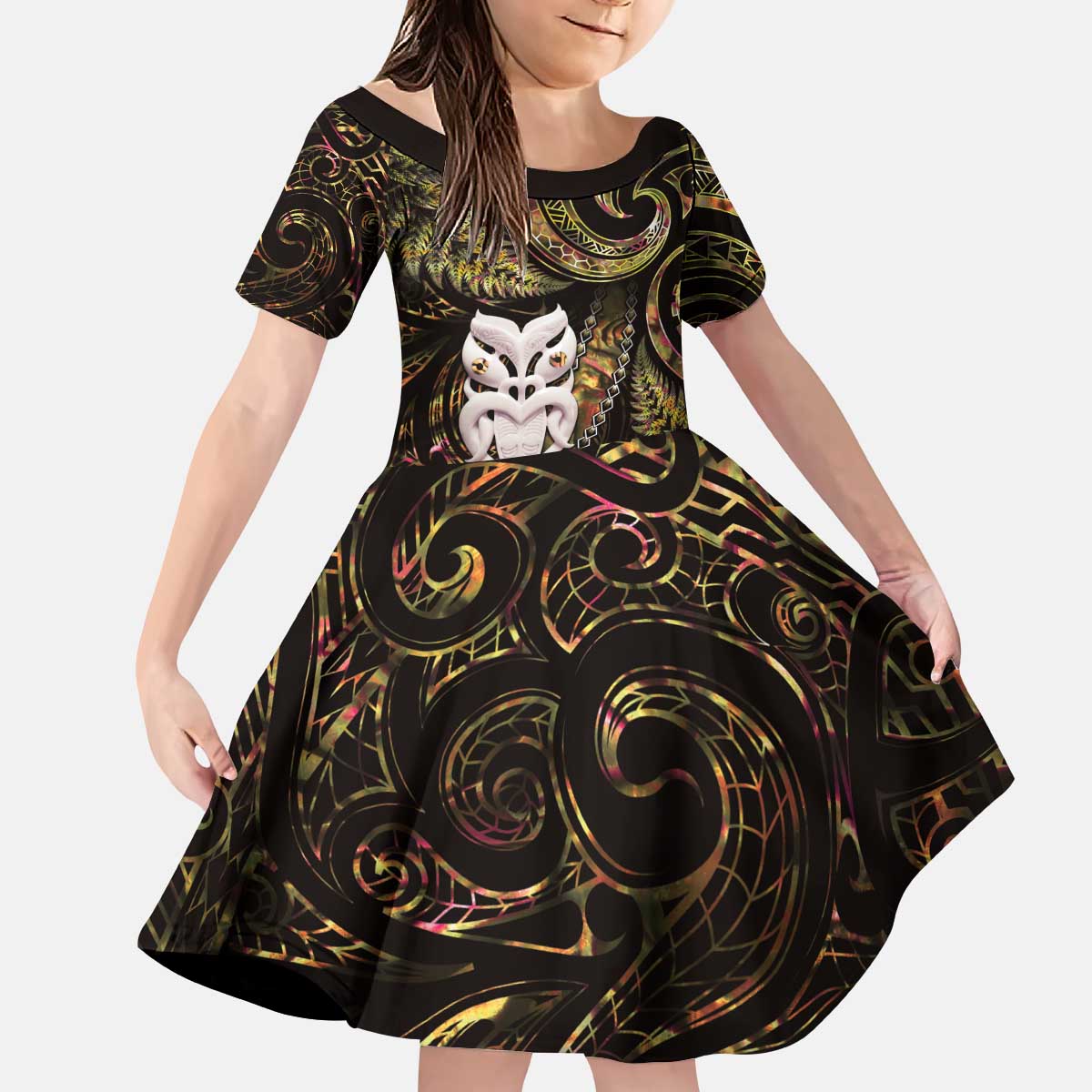 New Zealand Aotearoa Kid Short Sleeve Dress Maori Wheku Paua Shell Glitter Gold LT05 KID Gold - Polynesian Pride