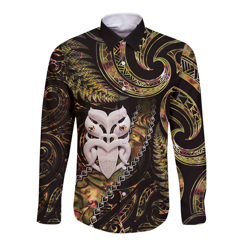 New Zealand Aotearoa Long Sleeve Button Shirt Maori Wheku Paua Shell Glitter Gold LT05 Unisex Gold - Polynesian Pride