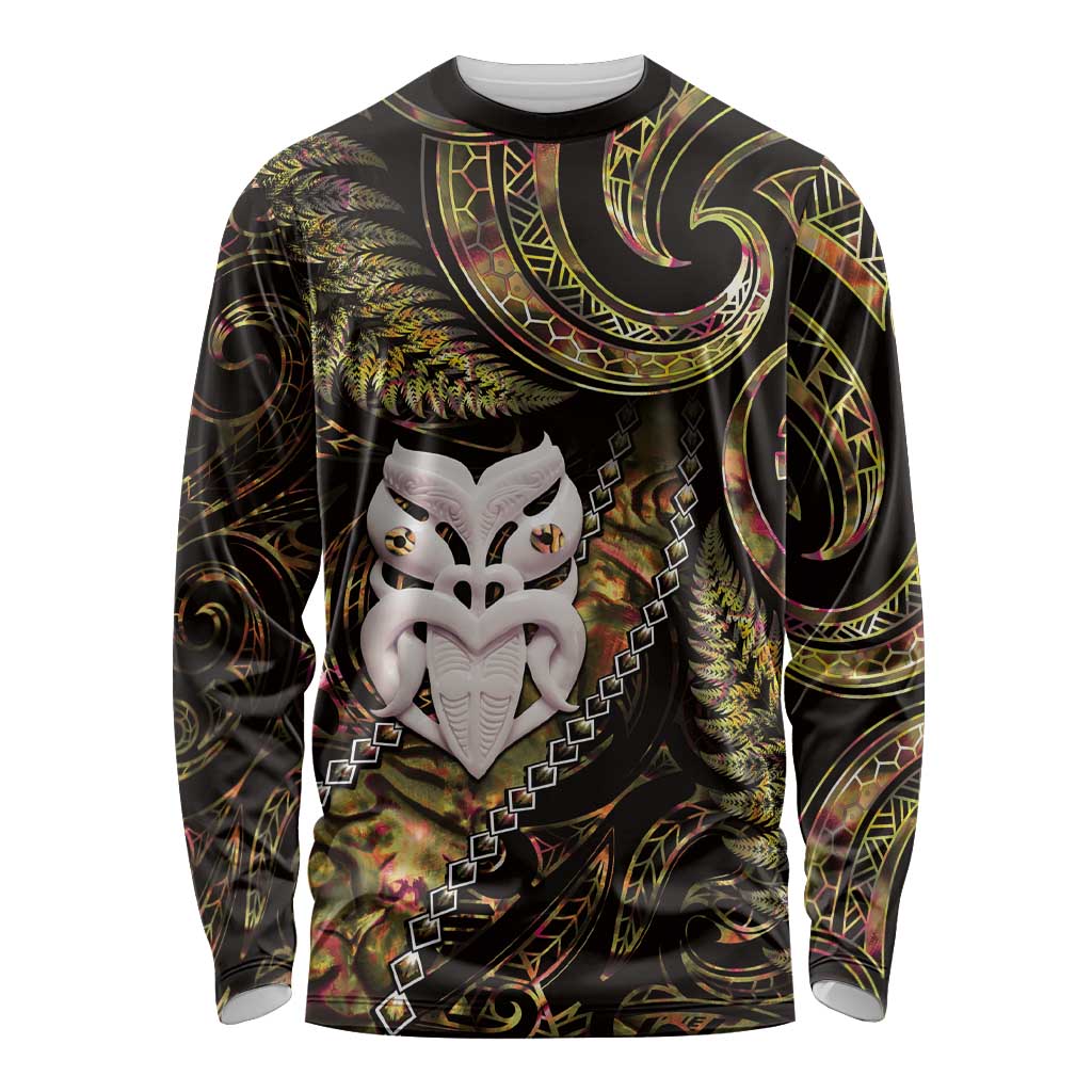 New Zealand Aotearoa Long Sleeve Shirt Maori Wheku Paua Shell Glitter Gold LT05 Unisex Gold - Polynesian Pride