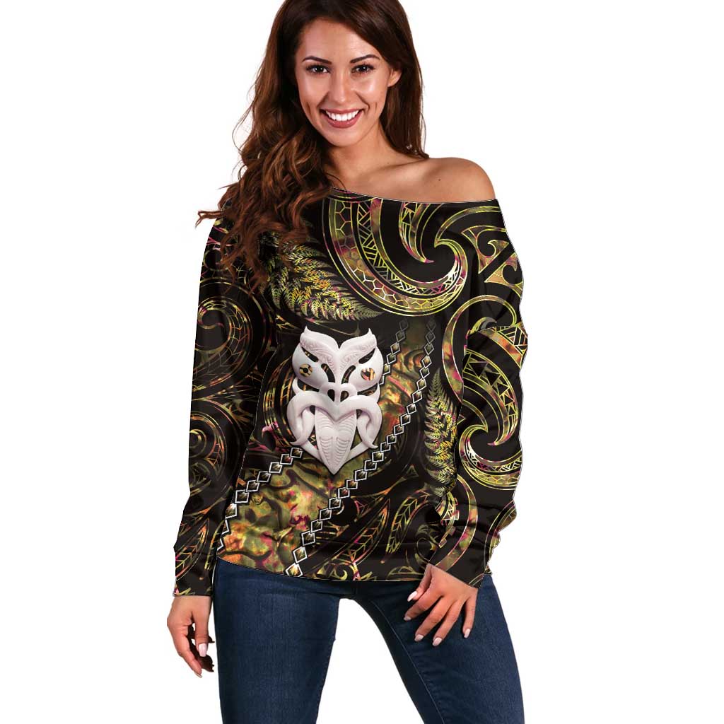 New Zealand Aotearoa Off Shoulder Sweater Maori Wheku Paua Shell Glitter Gold LT05 Women Gold - Polynesian Pride