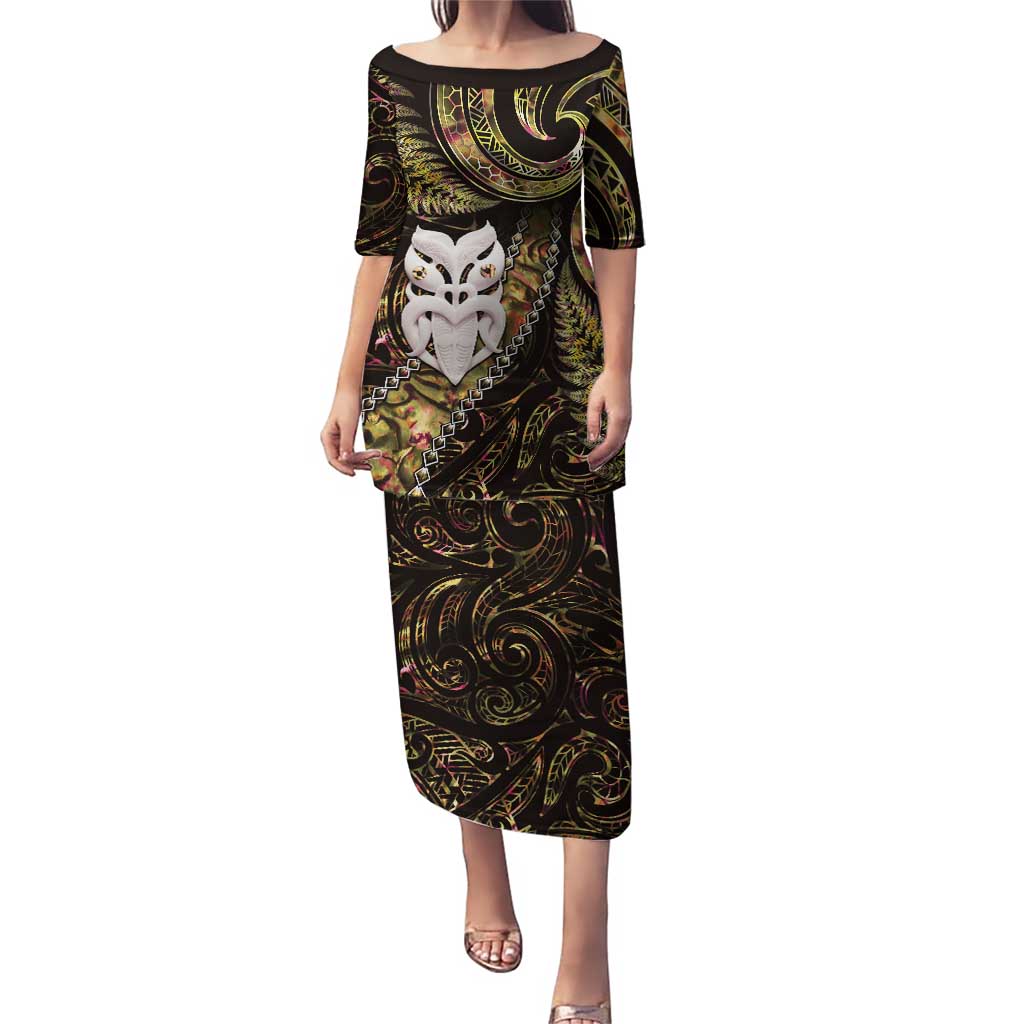 New Zealand Aotearoa Puletasi Maori Wheku Paua Shell Glitter Gold LT05 Long Dress Gold - Polynesian Pride
