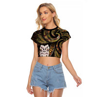 New Zealand Aotearoa Raglan Cropped T Shirt Maori Wheku Paua Shell Glitter Gold LT05 Female Gold - Polynesian Pride