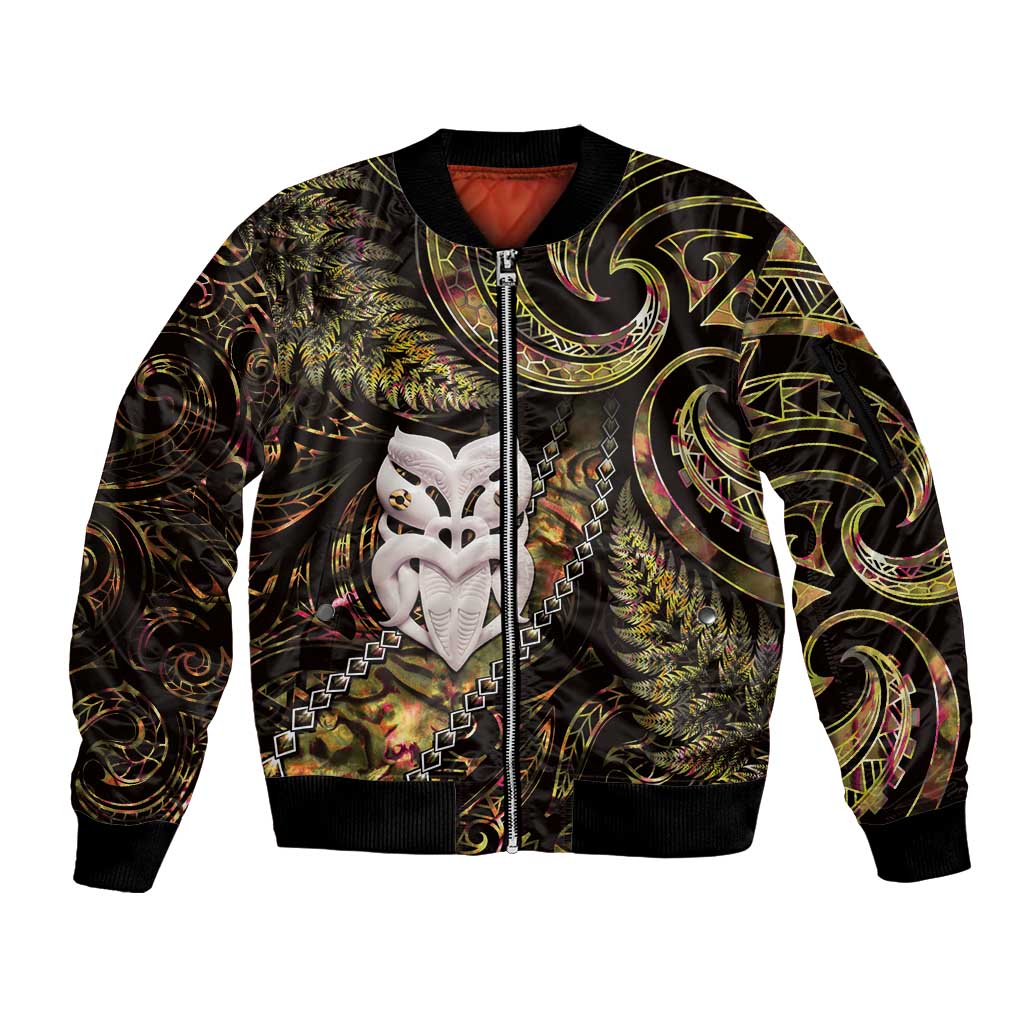 New Zealand Aotearoa Sleeve Zip Bomber Jacket Maori Wheku Paua Shell Glitter Gold LT05 Unisex Gold - Polynesian Pride