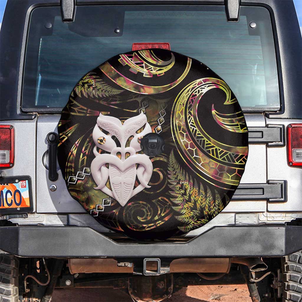 New Zealand Aotearoa Spare Tire Cover Maori Wheku Paua Shell Glitter Gold