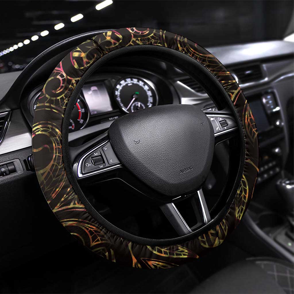 New Zealand Aotearoa Steering Wheel Cover Maori Wheku Paua Shell Glitter Gold LT05 Universal Fit Gold - Polynesian Pride