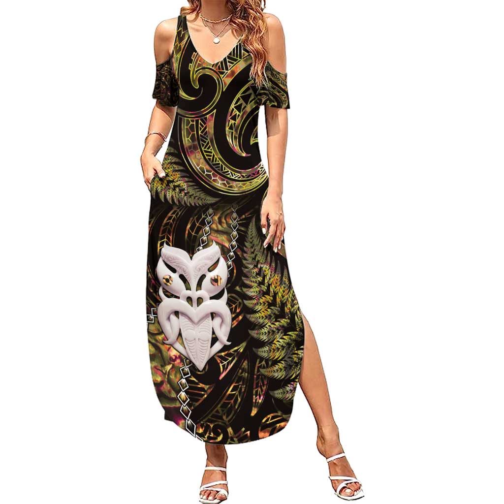 New Zealand Aotearoa Summer Maxi Dress Maori Wheku Paua Shell Glitter Gold LT05 Women Gold - Polynesian Pride