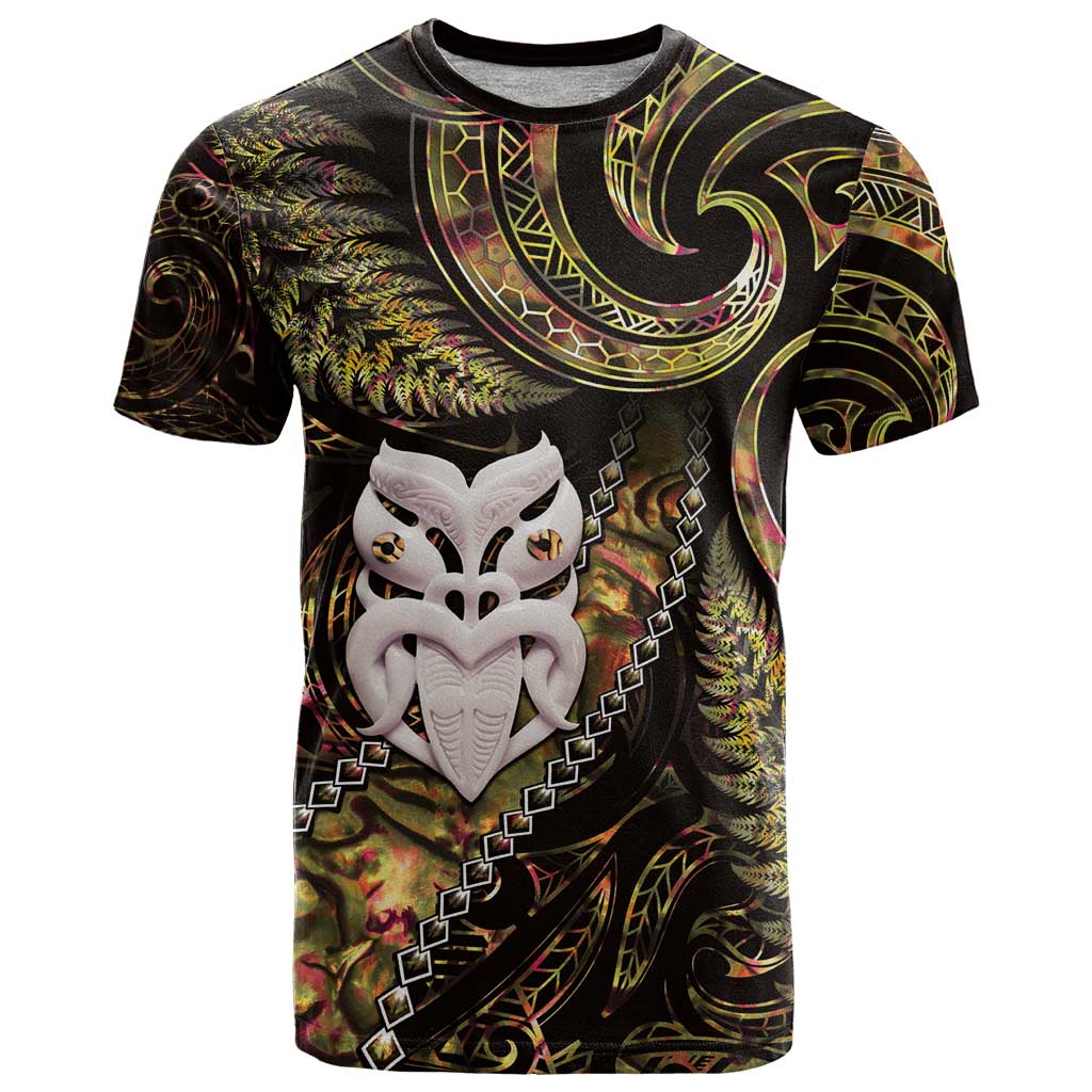 New Zealand Aotearoa T Shirt Maori Wheku Paua Shell Glitter Gold LT05 Gold - Polynesian Pride