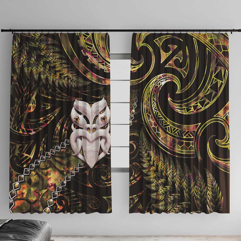 New Zealand Aotearoa Window Curtain Maori Wheku Paua Shell Glitter Gold LT05 With Hooks Gold - Polynesian Pride