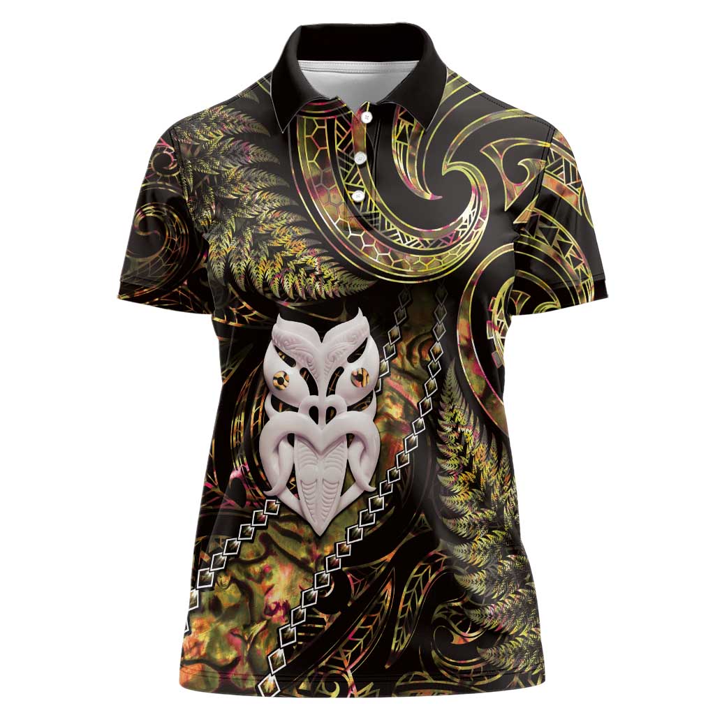New Zealand Aotearoa Women Polo Shirt Maori Wheku Paua Shell Glitter Gold LT05 Female Gold - Polynesian Pride