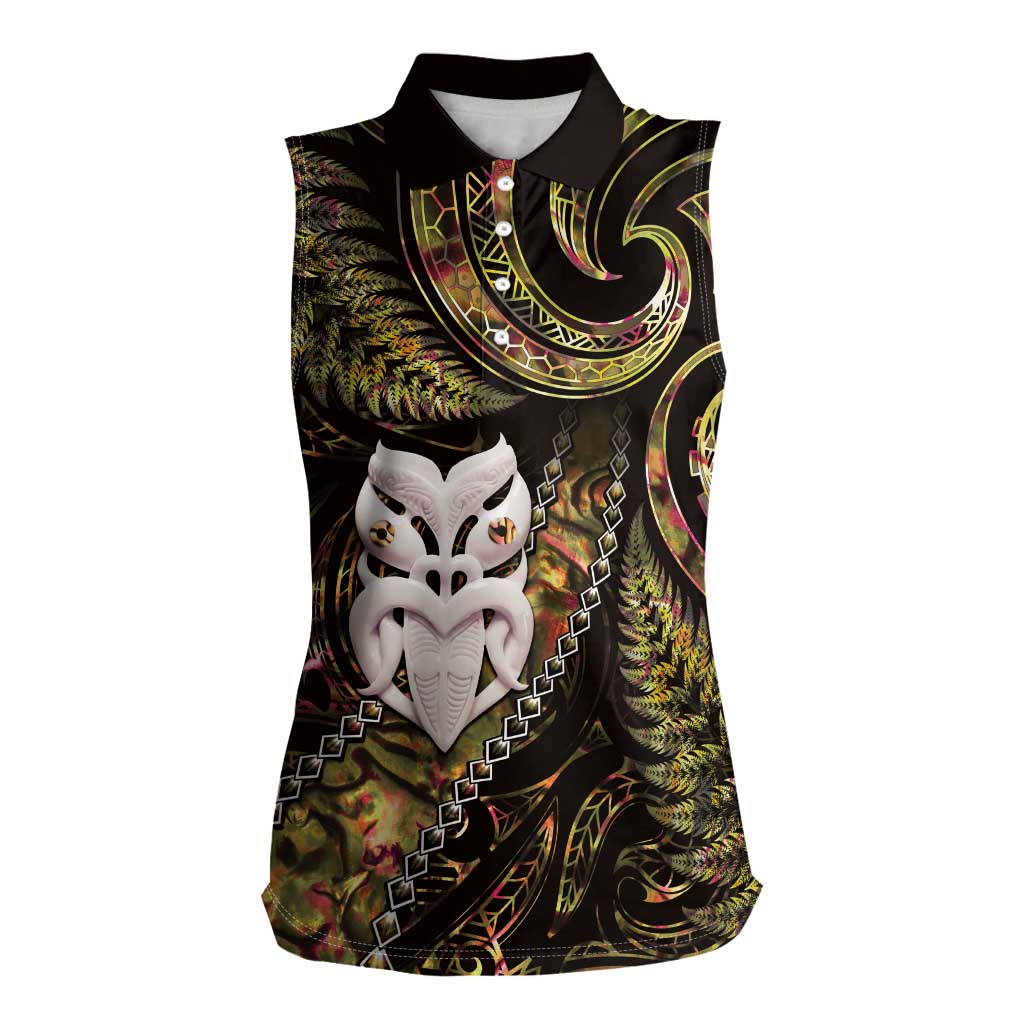 New Zealand Aotearoa Women Sleeveless Polo Shirt Maori Wheku Paua Shell Glitter Gold