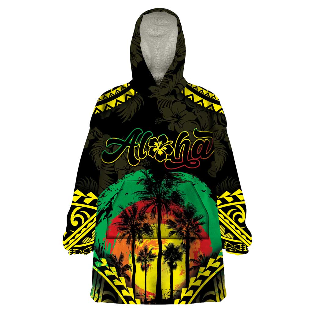 Aloha Tropical Palm Trees Wearable Blanket Hoodie Reggae Polynesian Pattern LT05 One Size Black - Polynesian Pride