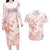 Polynesia Hammerhead Shark Couples Matching Long Sleeve Bodycon Dress and Hawaiian Shirt Tropical Flowers Tribal Pattern Peach