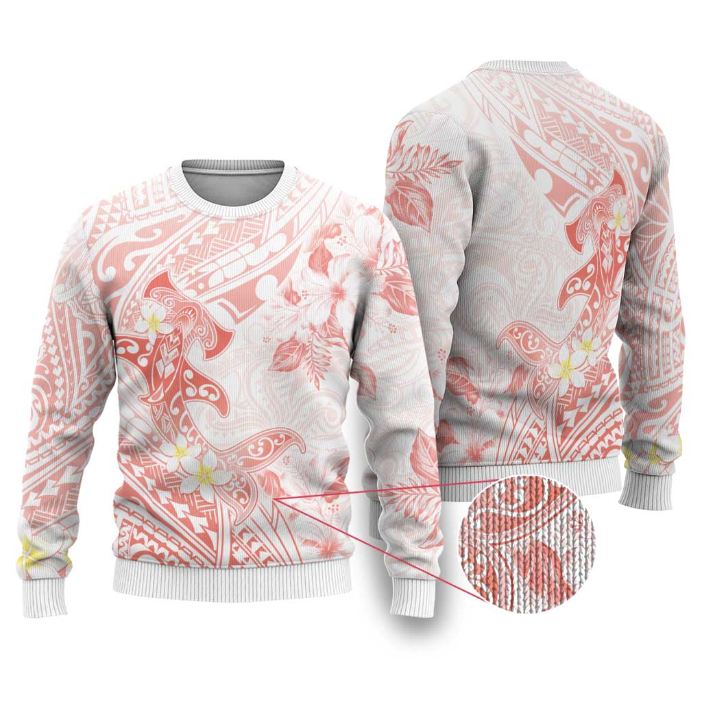 Polynesia Hammerhead Shark Ugly Christmas Sweater Tropical Flowers Tribal Pattern Peach LT05 Peach - Polynesian Pride