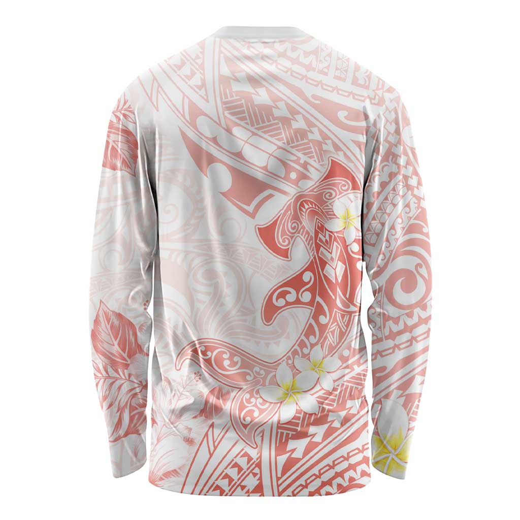 Polynesia Hammerhead Shark Long Sleeve Shirt Tropical Flowers Tribal Pattern Peach LT05 - Polynesian Pride