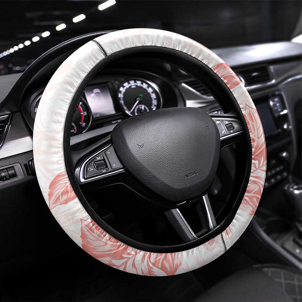 Polynesia Hammerhead Shark Steering Wheel Cover Tropical Flowers Tribal Pattern Peach