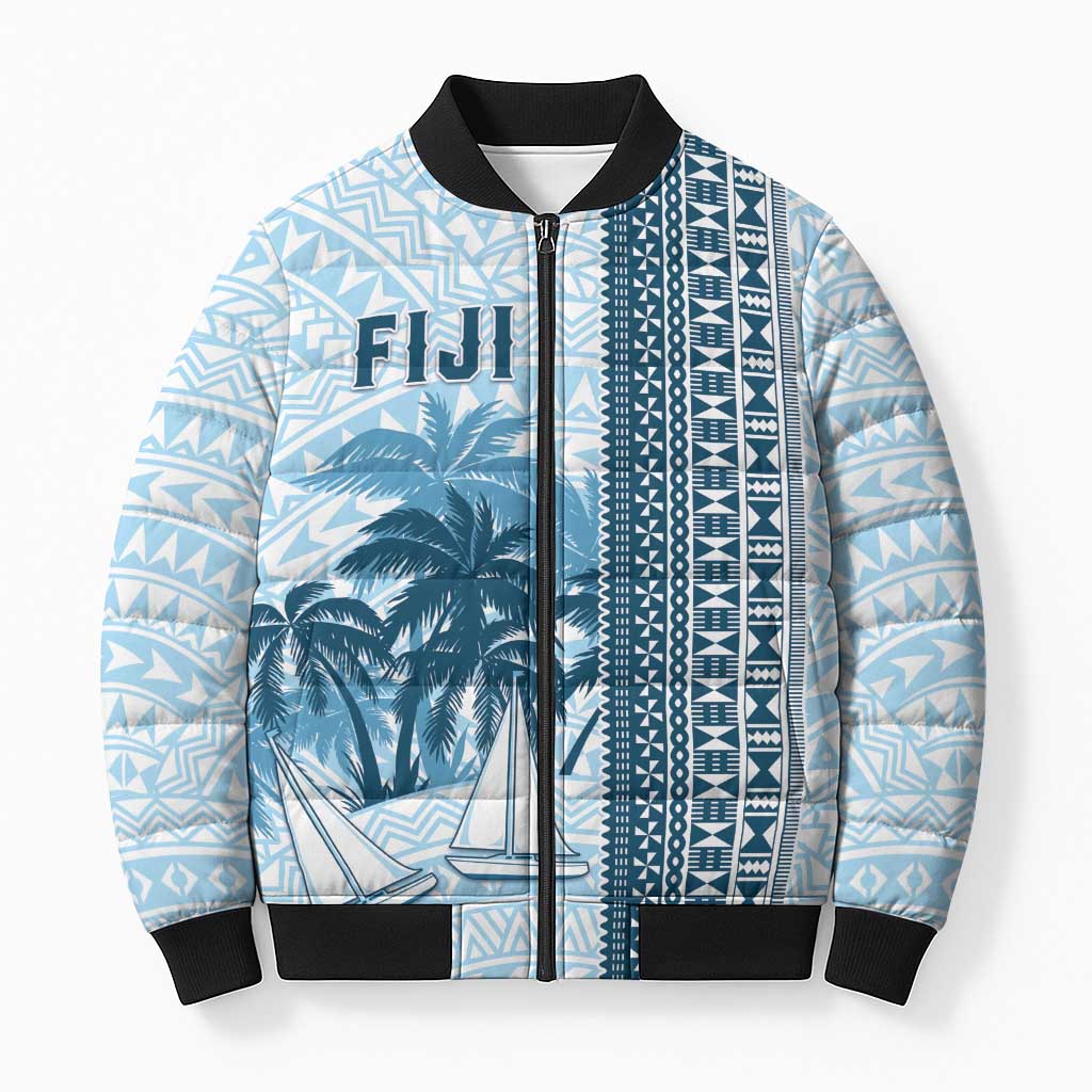 Custom Fiji Regatta Bomber Puffer Jacket Palm Tree Tapa Pattern LT05 Unisex Blue - Polynesian Pride