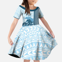 Custom Fiji Regatta Kid Short Sleeve Dress Palm Tree Tapa Pattern LT05 KID Blue - Polynesian Pride