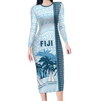 Custom Fiji Regatta Long Sleeve Bodycon Dress Palm Tree Tapa Pattern LT05 Long Dress Blue - Polynesian Pride