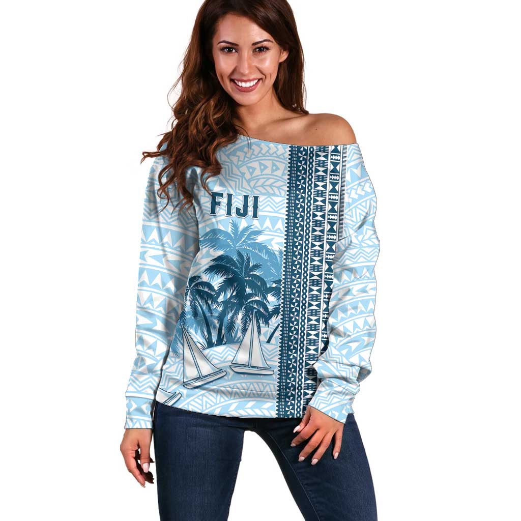 Custom Fiji Regatta Off Shoulder Sweater Palm Tree Tapa Pattern LT05 Women Blue - Polynesian Pride