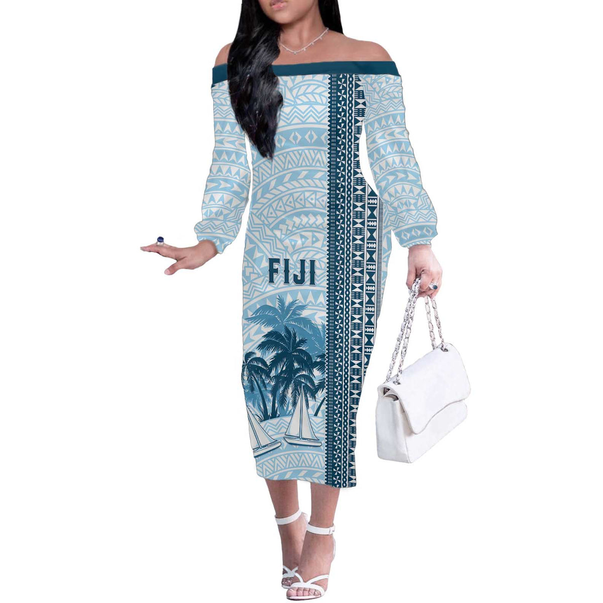 Custom Fiji Regatta Off The Shoulder Long Sleeve Dress Palm Tree Tapa Pattern LT05 Women Blue - Polynesian Pride