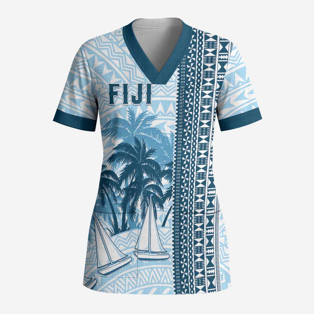 Custom Fiji Regatta Scrub Top Palm Tree Tapa Pattern LT05 Adult Blue - Polynesian Pride