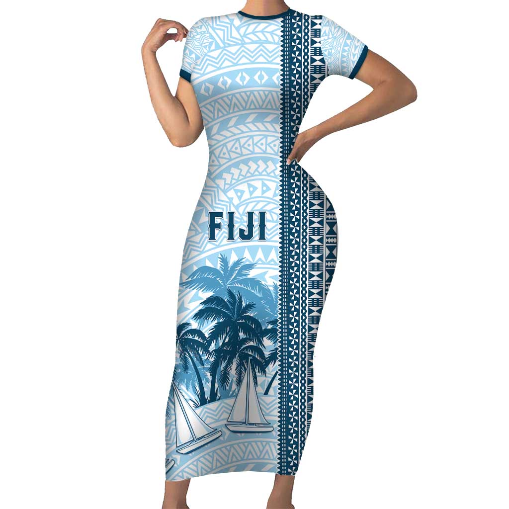 Custom Fiji Regatta Short Sleeve Bodycon Dress Palm Tree Tapa Pattern LT05 Long Dress Blue - Polynesian Pride