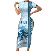 Custom Fiji Regatta Short Sleeve Bodycon Dress Palm Tree Tapa Pattern LT05 Long Dress Blue - Polynesian Pride