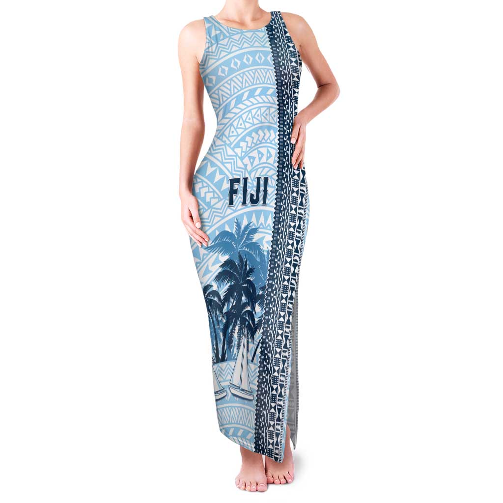 Custom Fiji Regatta Tank Maxi Dress Palm Tree Tapa Pattern LT05 Women Blue - Polynesian Pride