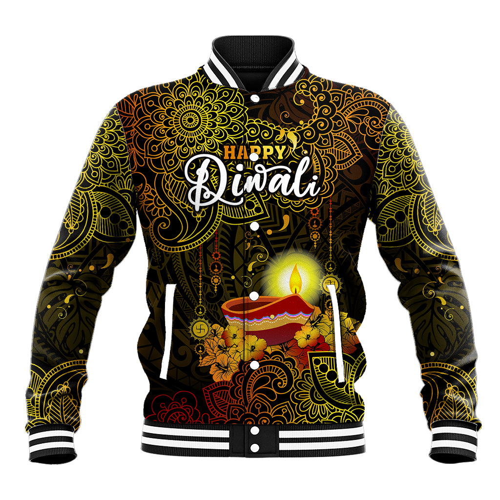Happy Diwali Festival Baseball Jacket Diya Lamp Hibiscus Polynesian Pattern LT05 Unisex Yellow - Polynesian Pride