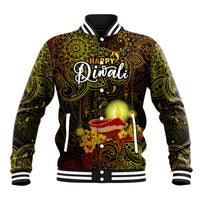 Happy Diwali Festival Baseball Jacket Diya Lamp Hibiscus Polynesian Pattern LT05 Unisex Yellow - Polynesian Pride