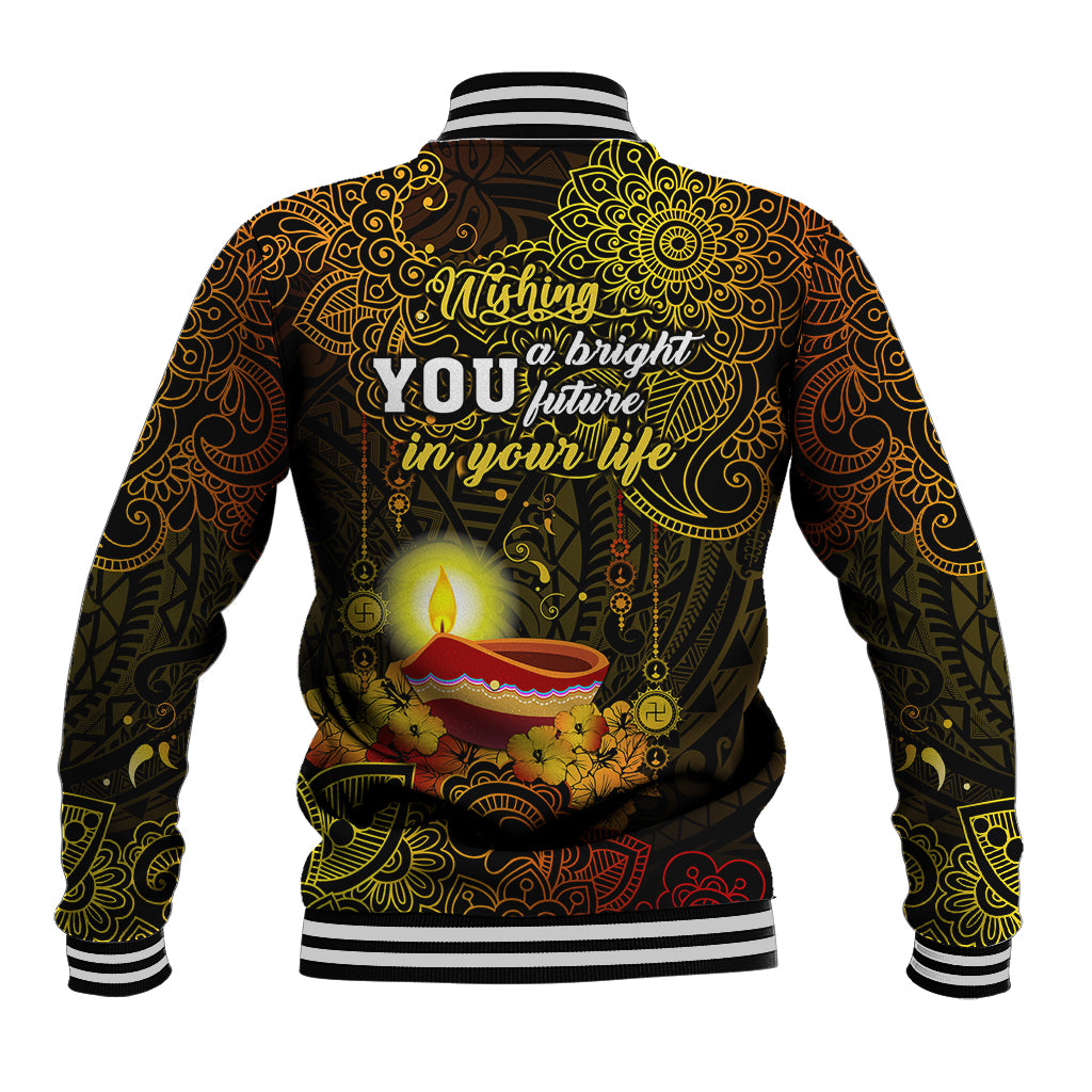 Happy Diwali Festival Baseball Jacket Diya Lamp Hibiscus Polynesian Pattern LT05 - Polynesian Pride