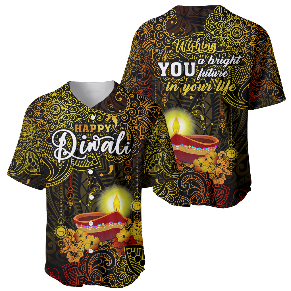 Happy Diwali Festival Baseball Jersey Diya Lamp Hibiscus Polynesian Pattern LT05 - Polynesian Pride