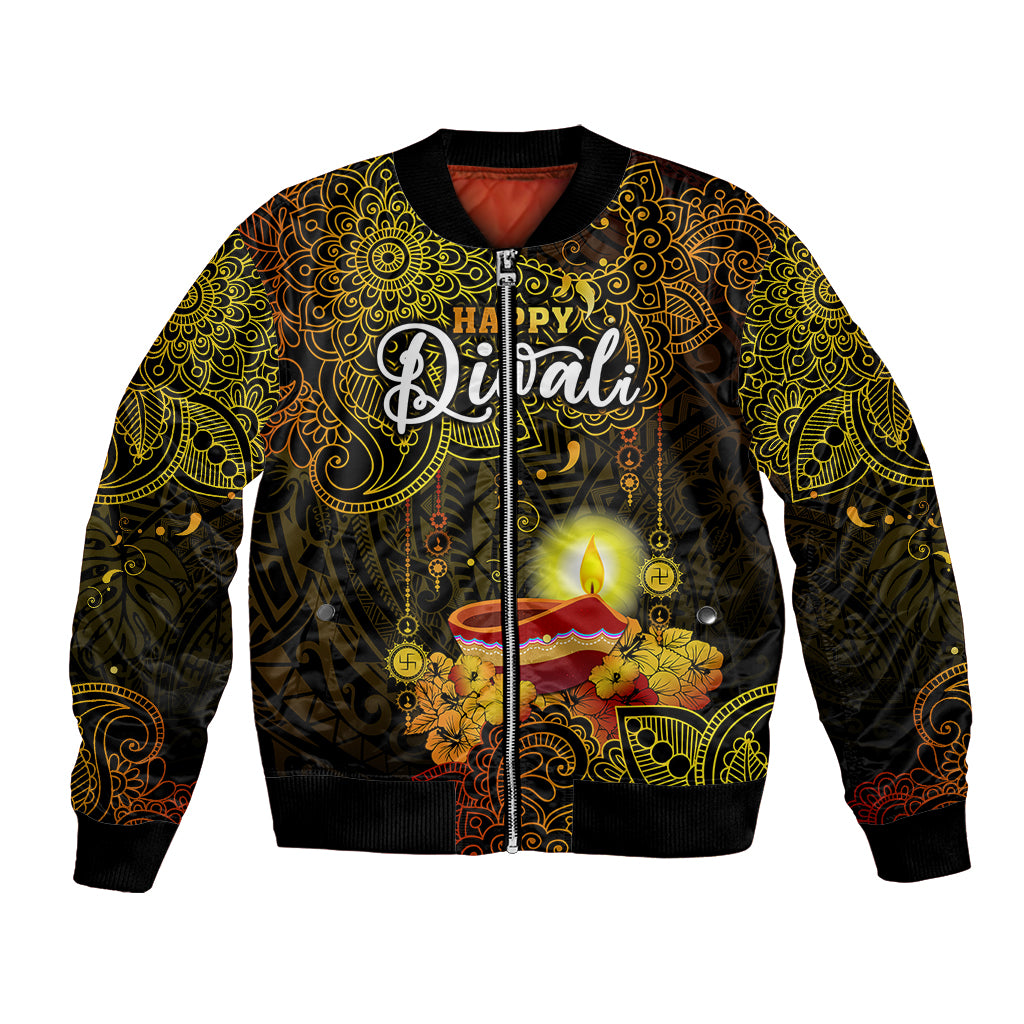 Happy Diwali Festival Bomber Jacket Diya Lamp Hibiscus Polynesian Pattern LT05 Unisex Yellow - Polynesian Pride