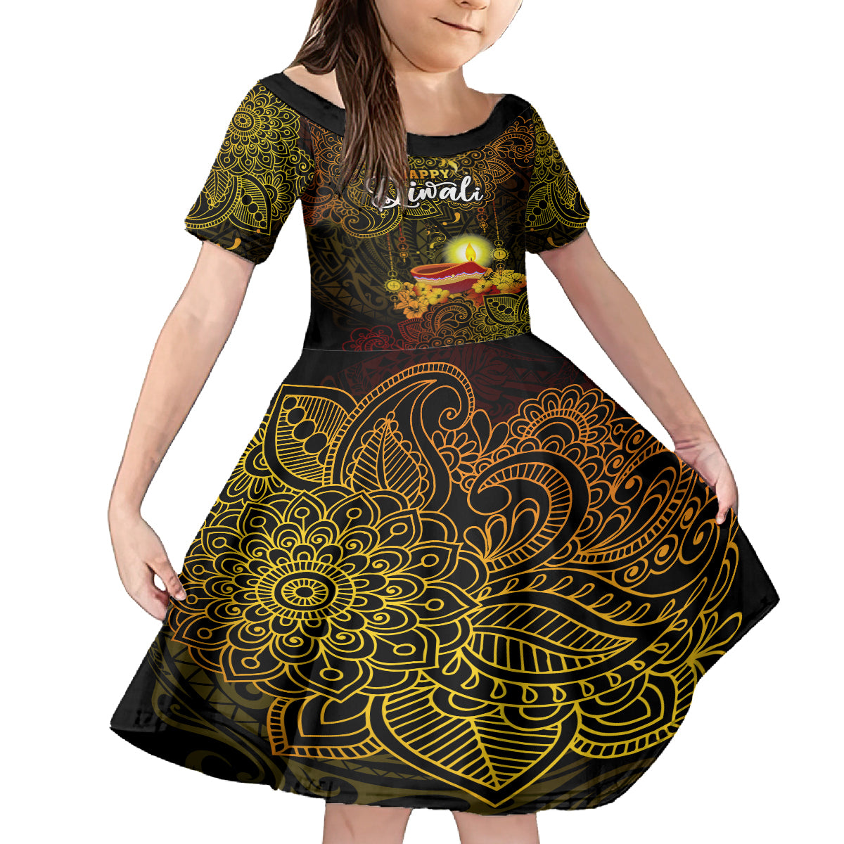 Happy Diwali Festival Kid Short Sleeve Dress Diya Lamp Hibiscus Polynesian Pattern LT05 KID Yellow - Polynesian Pride