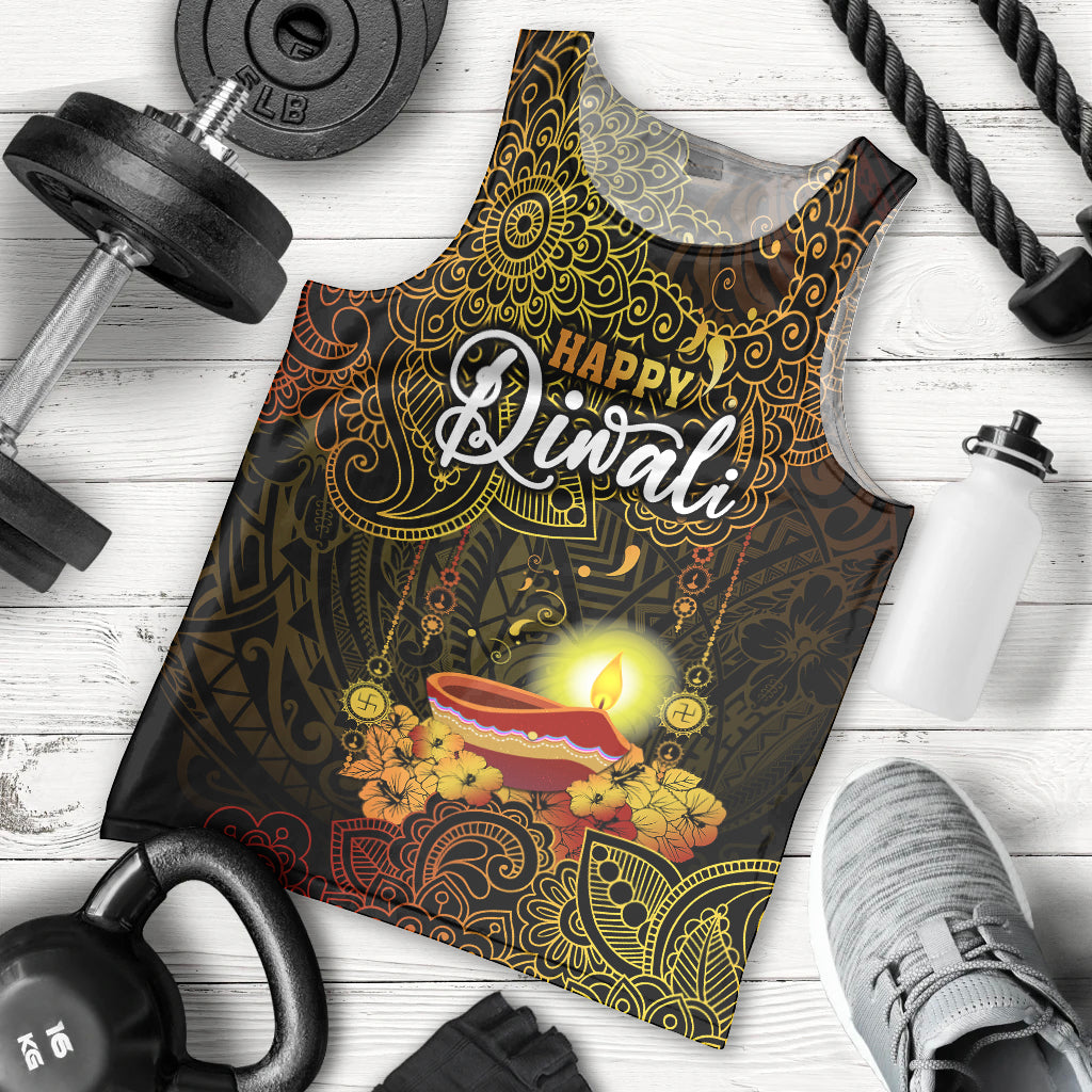 Happy Diwali Festival Men Tank Top Diya Lamp Hibiscus Polynesian Pattern LT05 Yellow - Polynesian Pride