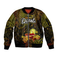 Happy Diwali Festival Sleeve Zip Bomber Jacket Diya Lamp Hibiscus Polynesian Pattern LT05 Unisex Yellow - Polynesian Pride