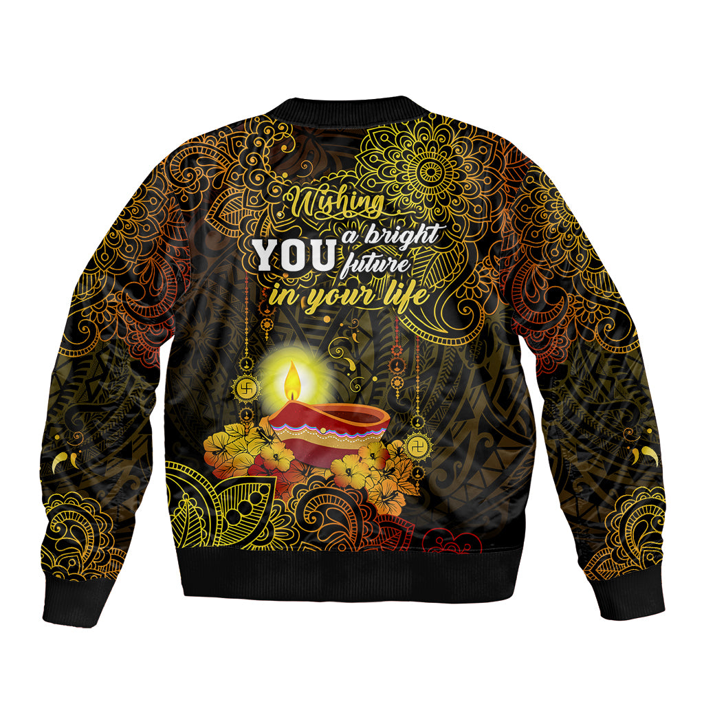 Happy Diwali Festival Sleeve Zip Bomber Jacket Diya Lamp Hibiscus Polynesian Pattern LT05 - Polynesian Pride