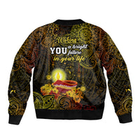 Happy Diwali Festival Sleeve Zip Bomber Jacket Diya Lamp Hibiscus Polynesian Pattern LT05 - Polynesian Pride