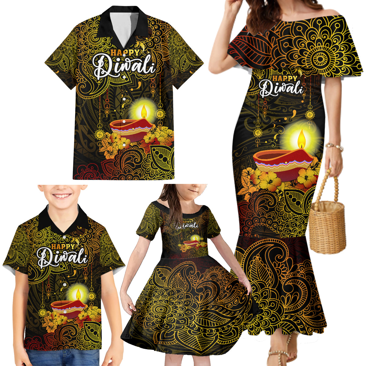 Personalized Happy Diwali Festival Family Matching Mermaid Dress and Hawaiian Shirt Diya Lamp Hibiscus Polynesian Pattern LT05 - Polynesian Pride