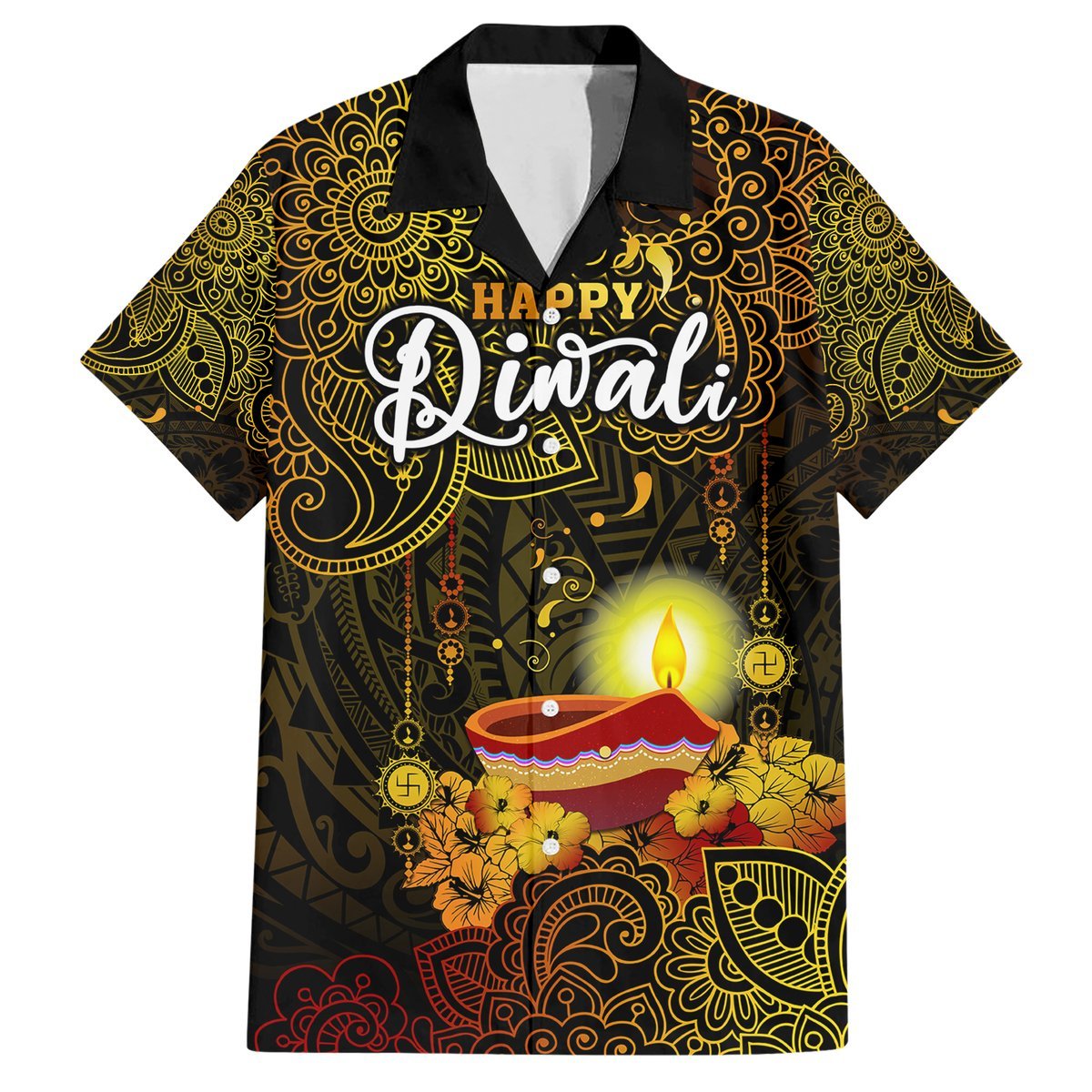 Personalized Happy Diwali Festival Hawaiian Shirt Diya Lamp Hibiscus Polynesian Pattern LT05 Yellow - Polynesian Pride