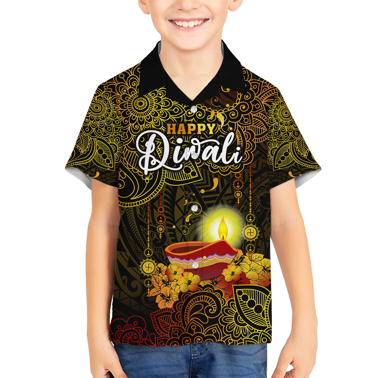 Personalized Happy Diwali Festival Kid Hawaiian Shirt Diya Lamp Hibiscus Polynesian Pattern LT05 Kid Yellow - Polynesian Pride