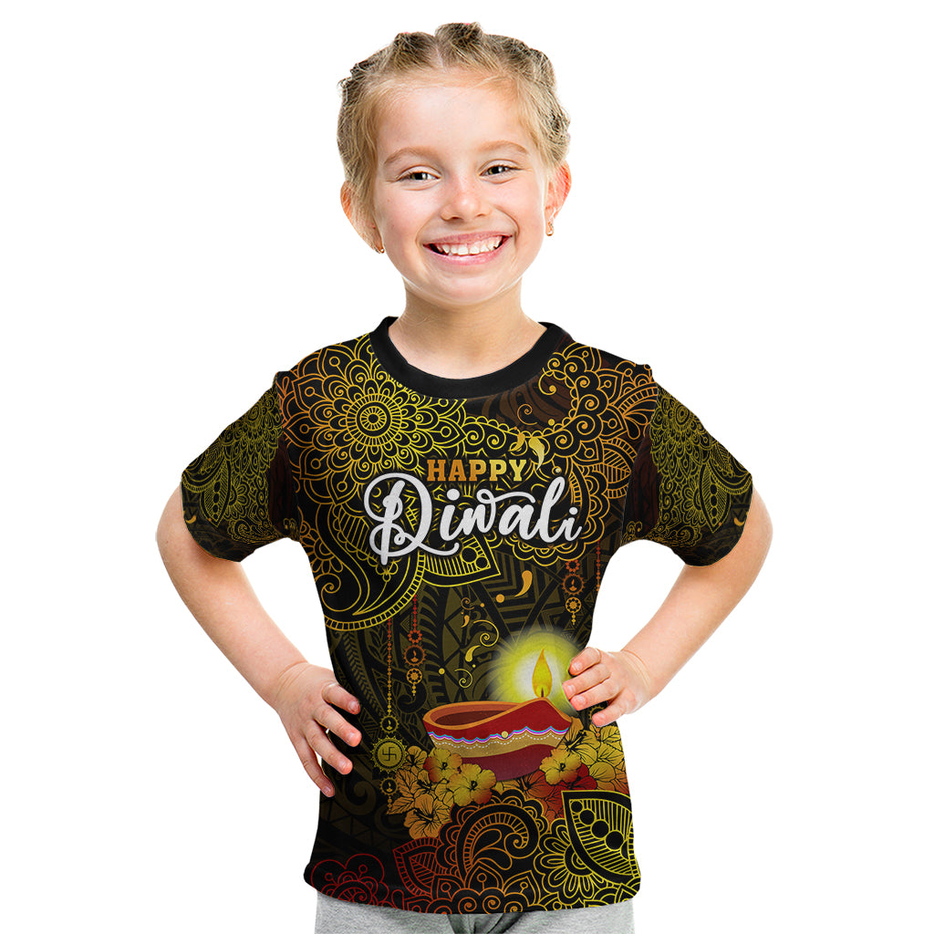 Personalized Happy Diwali Festival Kid T Shirt Diya Lamp Hibiscus Polynesian Pattern LT05 Yellow - Polynesian Pride
