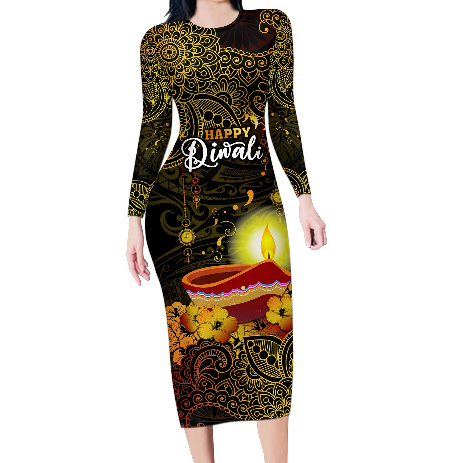 Personalized Happy Diwali Festival Long Sleeve Bodycon Dress Diya Lamp Hibiscus Polynesian Pattern LT05 Long Dress Yellow - Polynesian Pride