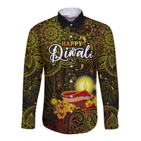 Personalized Happy Diwali Festival Long Sleeve Button Shirt Diya Lamp Hibiscus Polynesian Pattern LT05 Unisex Yellow - Polynesian Pride