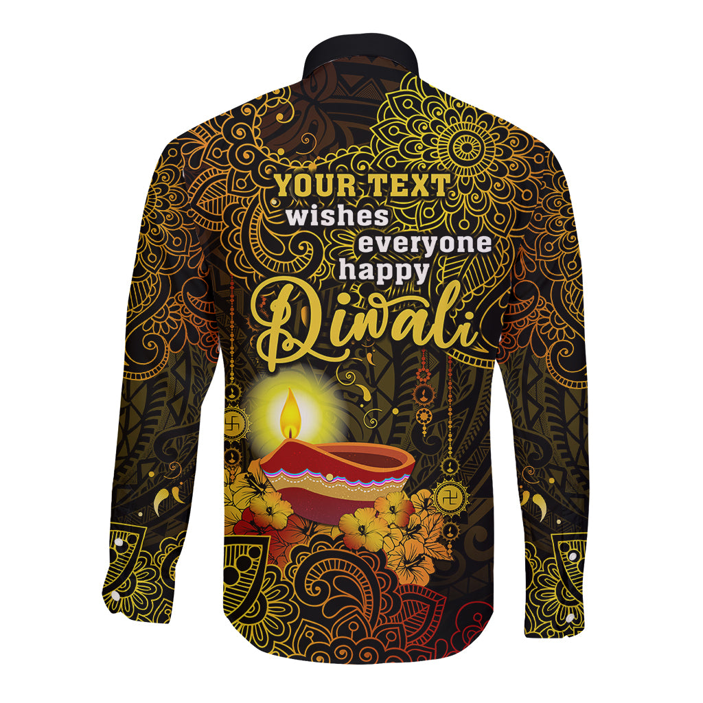 Personalized Happy Diwali Festival Long Sleeve Button Shirt Diya Lamp Hibiscus Polynesian Pattern LT05 - Polynesian Pride