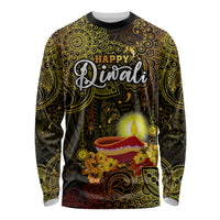 Personalized Happy Diwali Festival Long Sleeve Shirt Diya Lamp Hibiscus Polynesian Pattern LT05 Unisex Yellow - Polynesian Pride